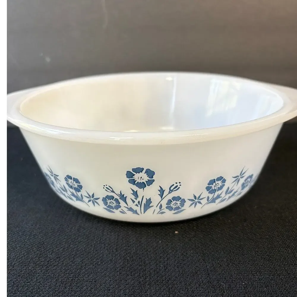 Vintage Lady Cornelia Blue Flower Ovenware 1.5 qt Round Milk Glass Dish